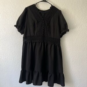 2XL Dress Knee Length Black Smocked Sleeve Crochet Detail Gothic Dark Academia